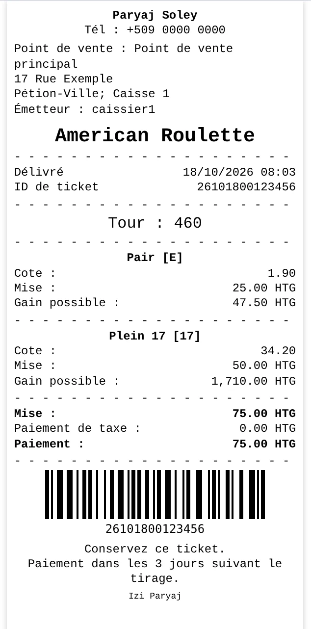 Ticket de roulette imprimé : cotes, mise, gain possible et code-barres