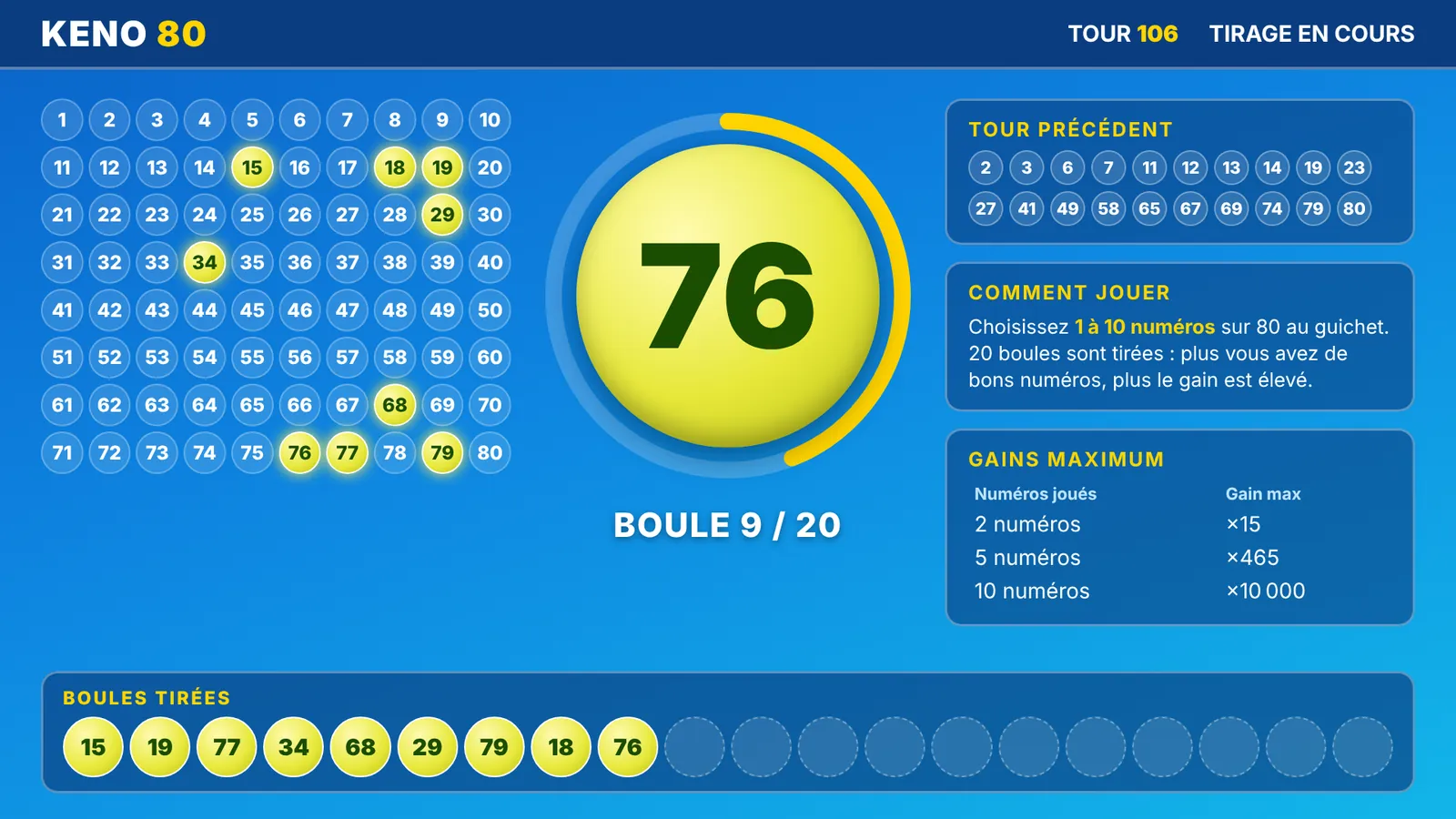 Écran Keno 80 : vingt boules tirées une à une