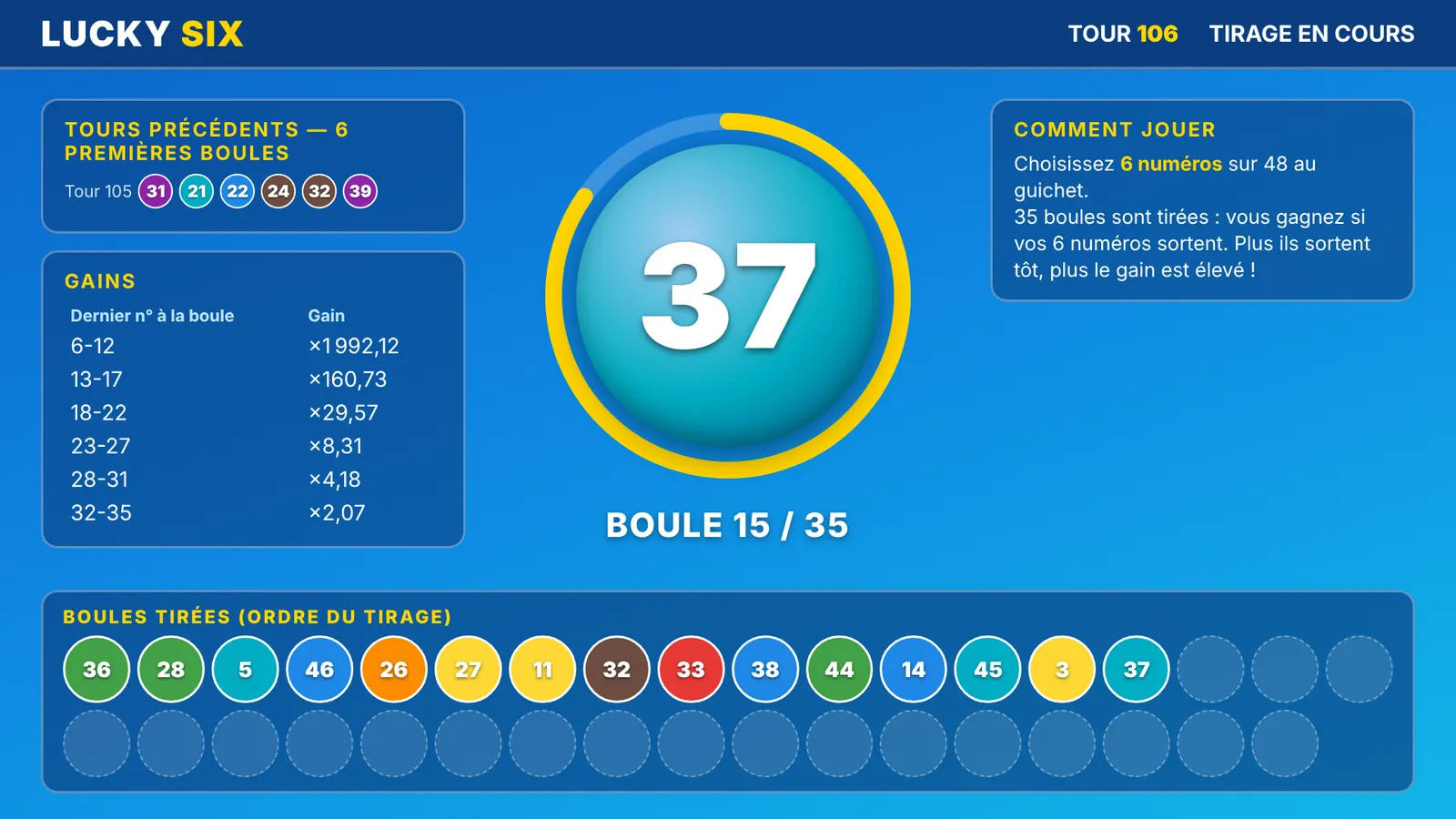 Écran Lucky Six : boules colorées tirées en ordre